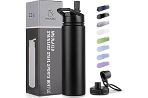 DOMICARE Insulated Water Bottle, 22 oz Vacuum Insulated Stainless Steel Reusable Sports Bottle with Straw Lid & Spout Lid for Travel, Camping, Bike, Leakproof, Black, 1 Pack