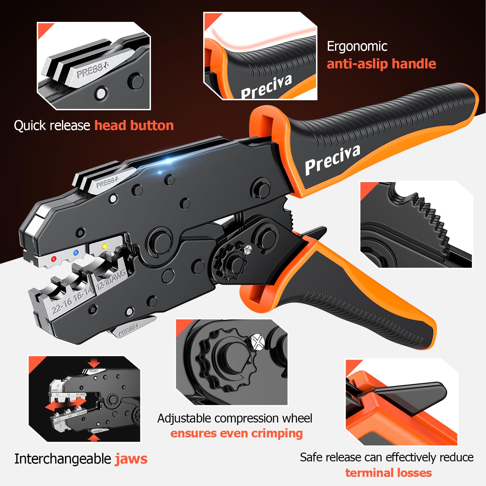 Crimpzange Set Wechselbacken, Preciva 6-teiliges Crimpwerkzeug Set mit Schnellwechselbacken für Aderendhülsen, Kabelschuhe, Schrumpfverbinder, Flachstecker, Solarstecker 6