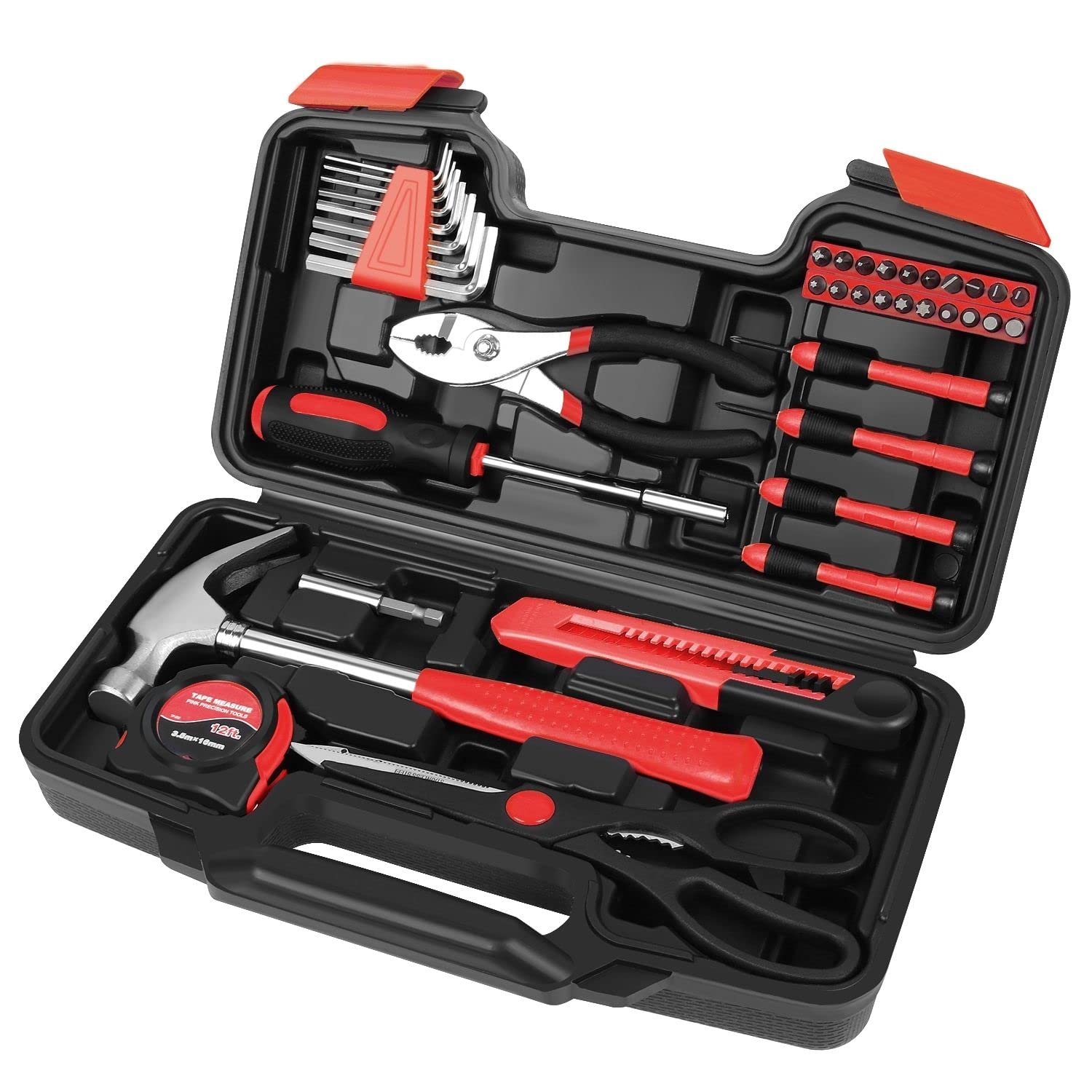 Flexzion 39 Piece Hand Tool Kits with Case - Compact Tool Kit for Handyman, Homeowners DIY - Household Tool Kit for Home with Portable Basic Tool Set Case, Red