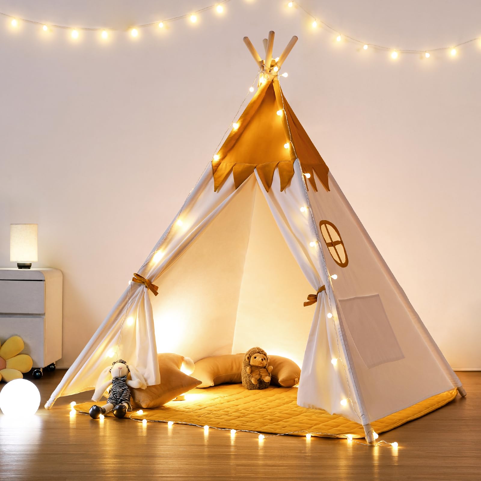 Photo 1 of Besrey Toddler Teepee With Padded Mat and Lights - Kids Indoor Play Tent, Large Canvas Cotton Tipee for Children