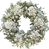 Idyllic 22 Inch Lambs Ears Leaves Everyday Wreath with Ivory Hydrangea and Cream Berries, Spring Summer Greenery Wreath with Burlap Ribbon Bow Knot for Doors, Rustic and Farmhouse Style Home Decor
