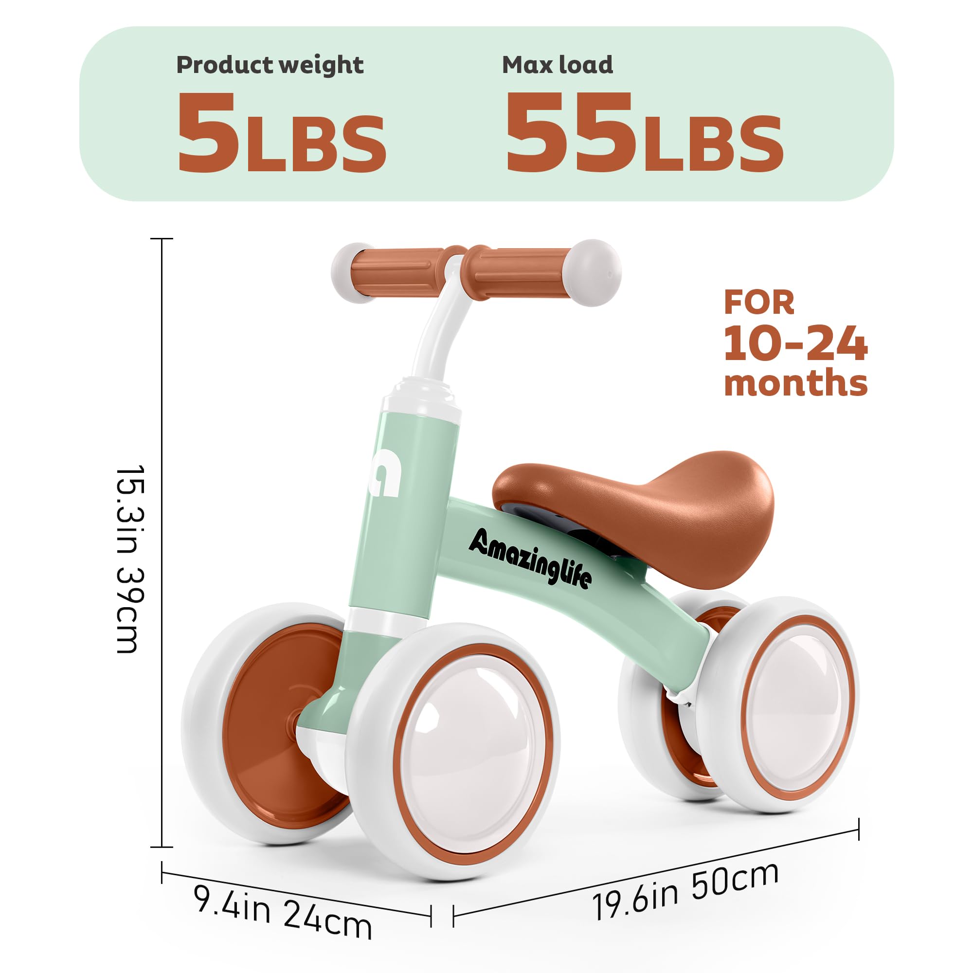 AmazingLife Balance Bike 1 Year Old, 10-24 Months Baby Balance Bike Toys, No Pedal Infant 4 Wheels Toddler Bike, Toddler Ride On Toys, Three Free Cartoon Stickers, First Birthday Gift for Boys Girls