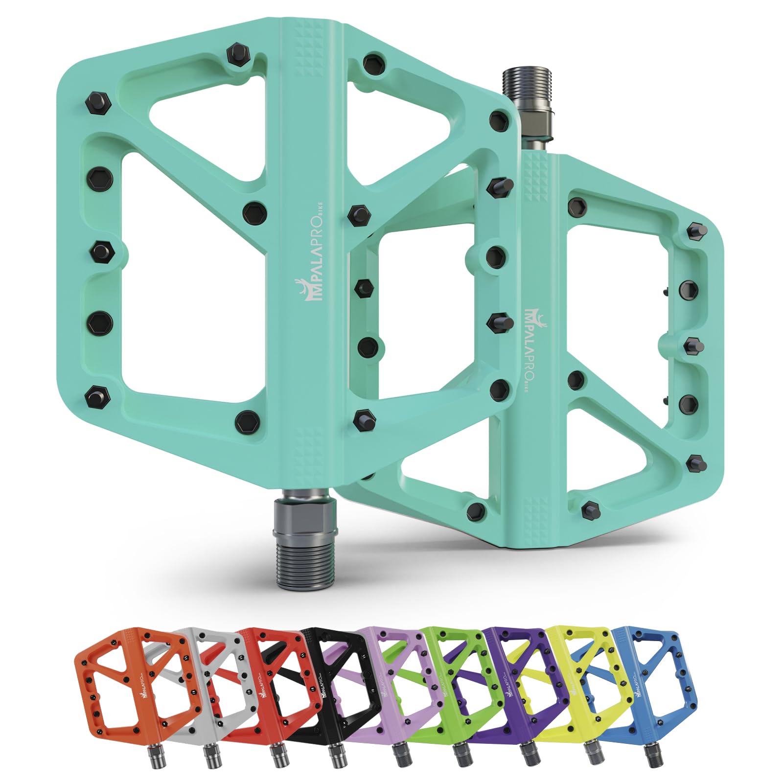 IMPALAPRO - Bike Pedals Nylon Fiber Selaed Bearing 9/16" - Non-Slip MTB pedals - Lightweight and Wide Flat Platform cycling Pedals for BMX Road MTB E-Bike (Turquoise)