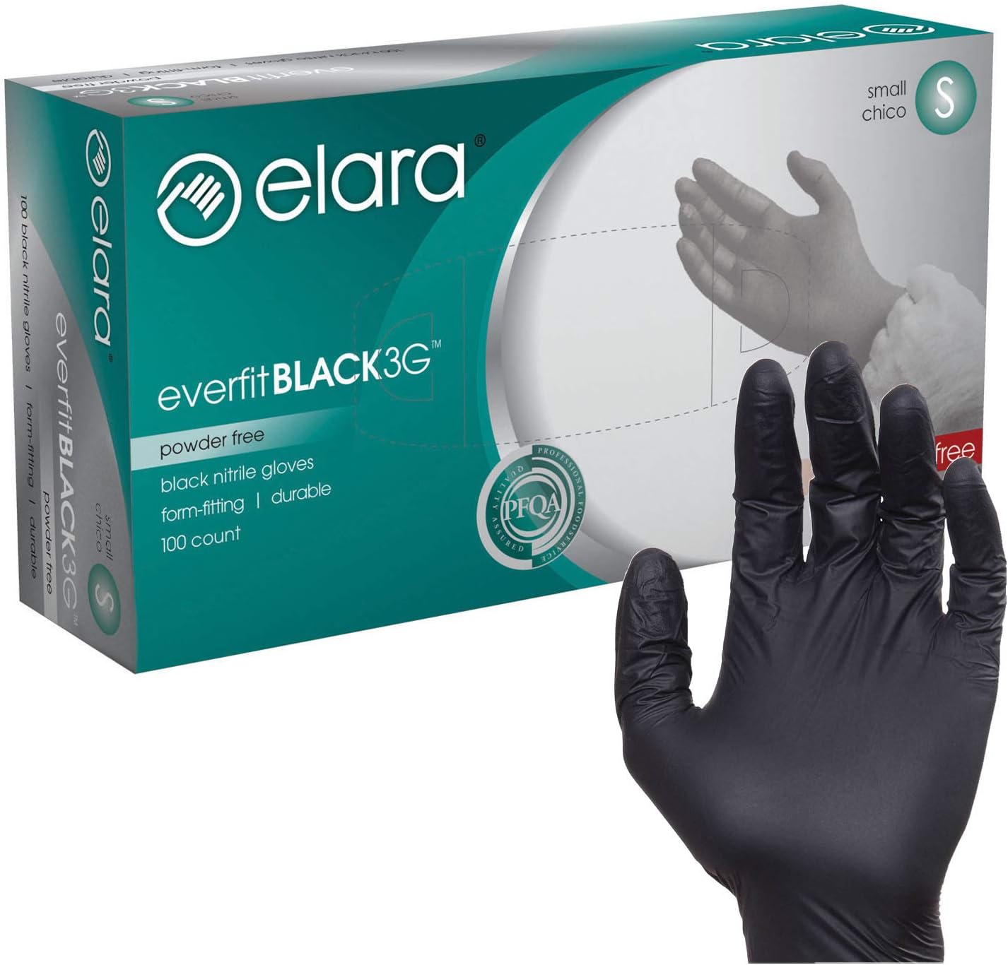 Elara FNE301BK EverfitBLACK3G Nitrile Disposable Gloves, 3 mil, Black, Powder Free, Food Safe, Non-Latex, Size Small, Box of 100