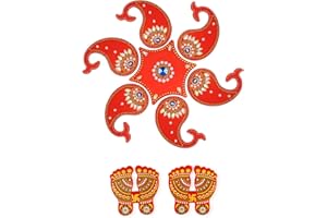 Red Acrylic Rangoli Set with Laxmi Charan | Traditional Paisley Rangoli Sticker for Diwali Decoration, Home Decor, Pooja Room