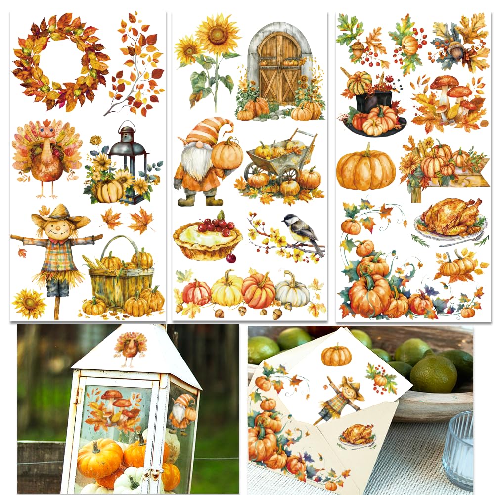 INFUNLY 3 Set Vintage Maple Leaves Rub on Transfers Decals 11.8"×5.9" Pumpkin Furniture Rub on Transfer Stickers Waterproof Sunflower Rub on Transfer Decals for Wood Furniture Scrapbooking Home Decor