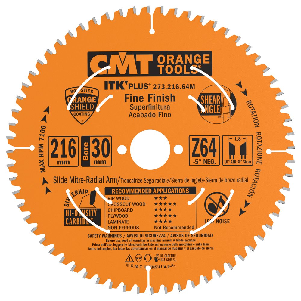 CMT 273.216.64M ITK Plus FINE Finish Saw Blade HW 216X1.8X30 Z=64 ATB+S -5°