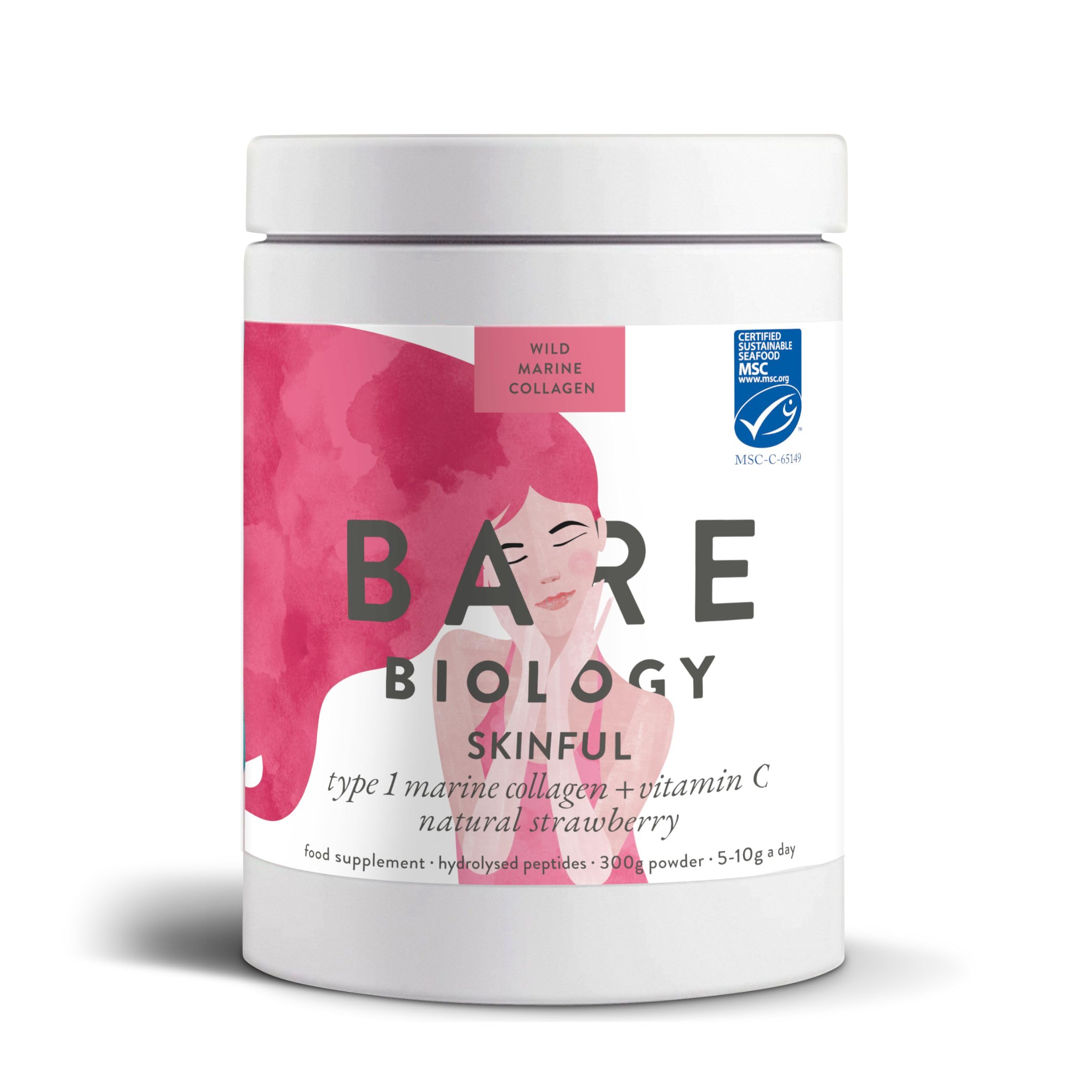 Bare Biology Collagen Powder + Vitamin C, 300g/60 Servings, Strawberry Flavour - Skinful Pure Marine Collagen for Skin, Muscles, Hair, Nails, Joints & Bones - Super Strength Type 1 Peptides