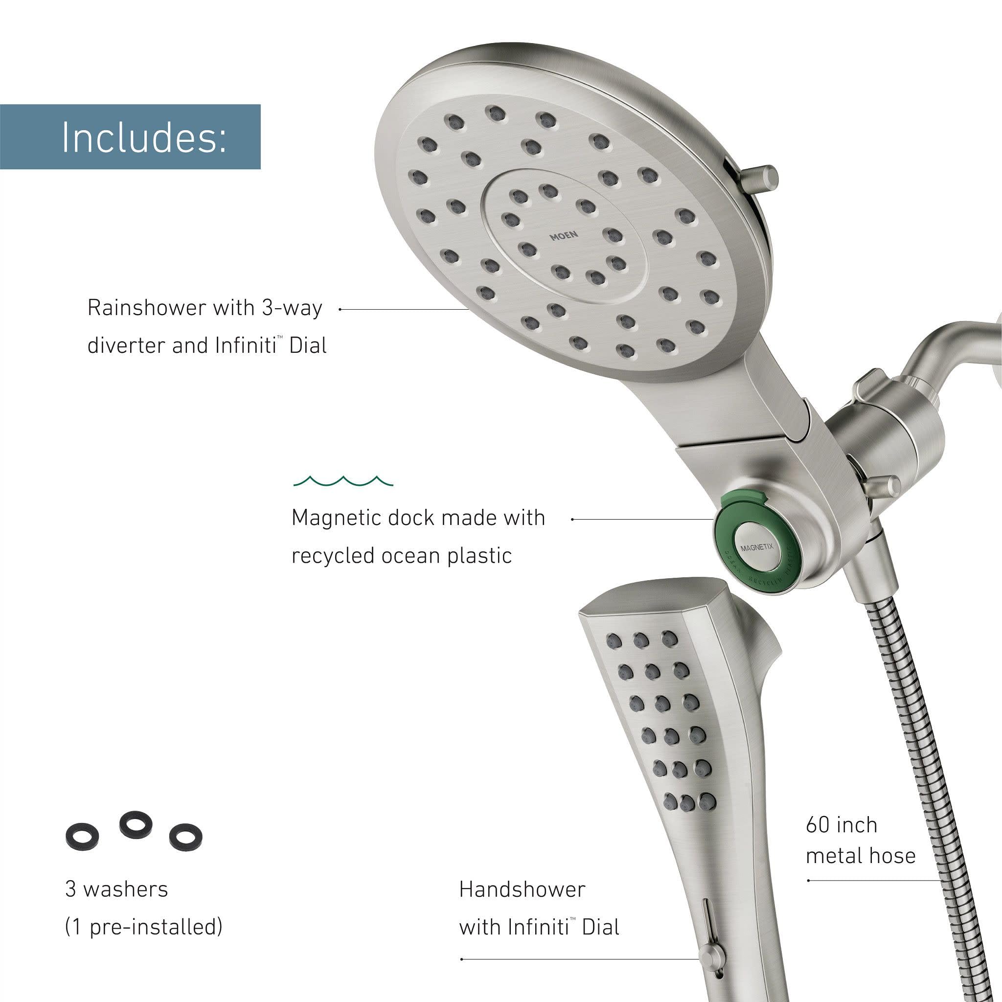 Moen Verso Spot Resist Nickel Round Rain Shower Head and Detachable Handshower Combination with Magnetix Docking System and 60-inch Metal Hose, 220C2SRN