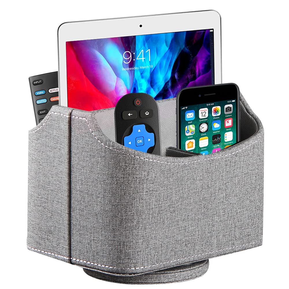 Fanousy 360° Rotating Remote Control Holder, PU Leather TV Remote Caddy Organizer Basket Storage Box with 5 Compartments for Pen, Pencil, Art Supplies, Makeup Brush, Office Desk Table Accessories