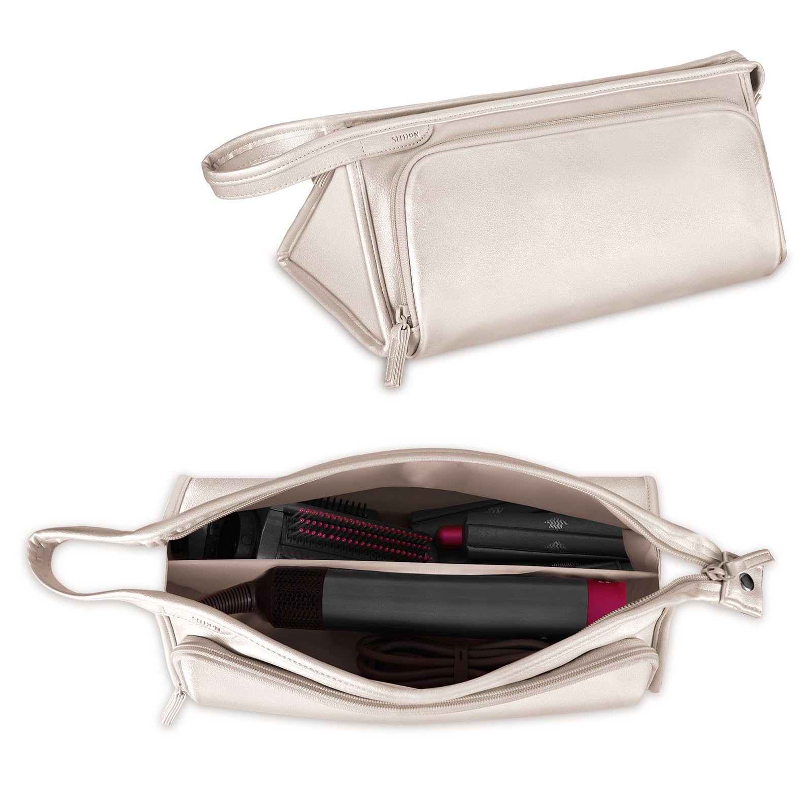 SITHON Travel Carrying Case for Dyson Airwrap Styler/Shark Flexstyle Speedstyle, PU Leather Water Resistant Storage Organizer Bag with Pocket for Dyson Supersonic Hair Dryer (Bag Only) (Champagne)