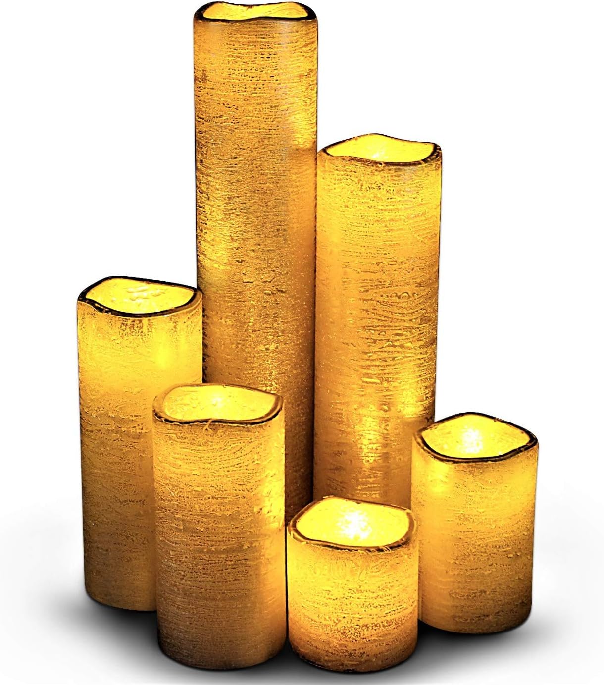 LED Lytes Flameless LED Candles with Timer Slim Set of 6, 2" Wide and 2"- 9" Tall, Gold Coated Wax and Flickering Amber Yellow Flame for Home and Wedding Decor