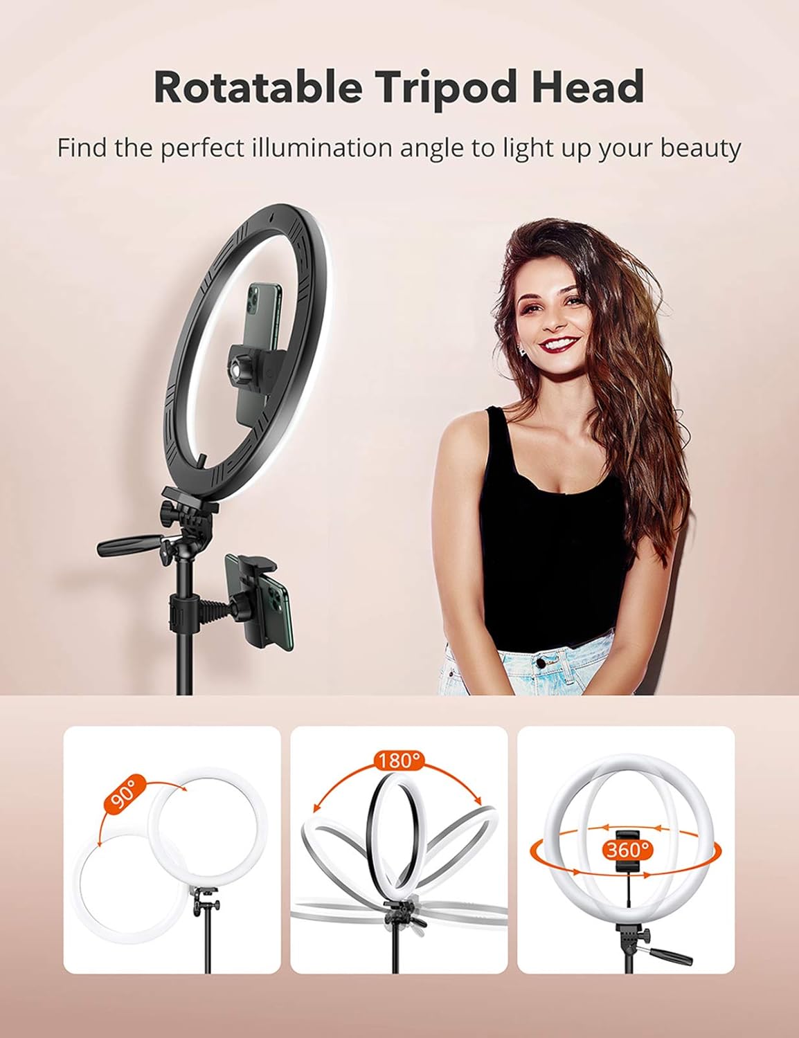 TaoTronics 12" Selfie Ring Light with 3 Color Modes, 10 Adjustable Brightness, 61“ Extendable Tripod Stand, 2 Phone Holders, Bluetooth Remote Shutter for Photography/Makeup/Live Stream/YouTube/Vlogs : Camera & Photo