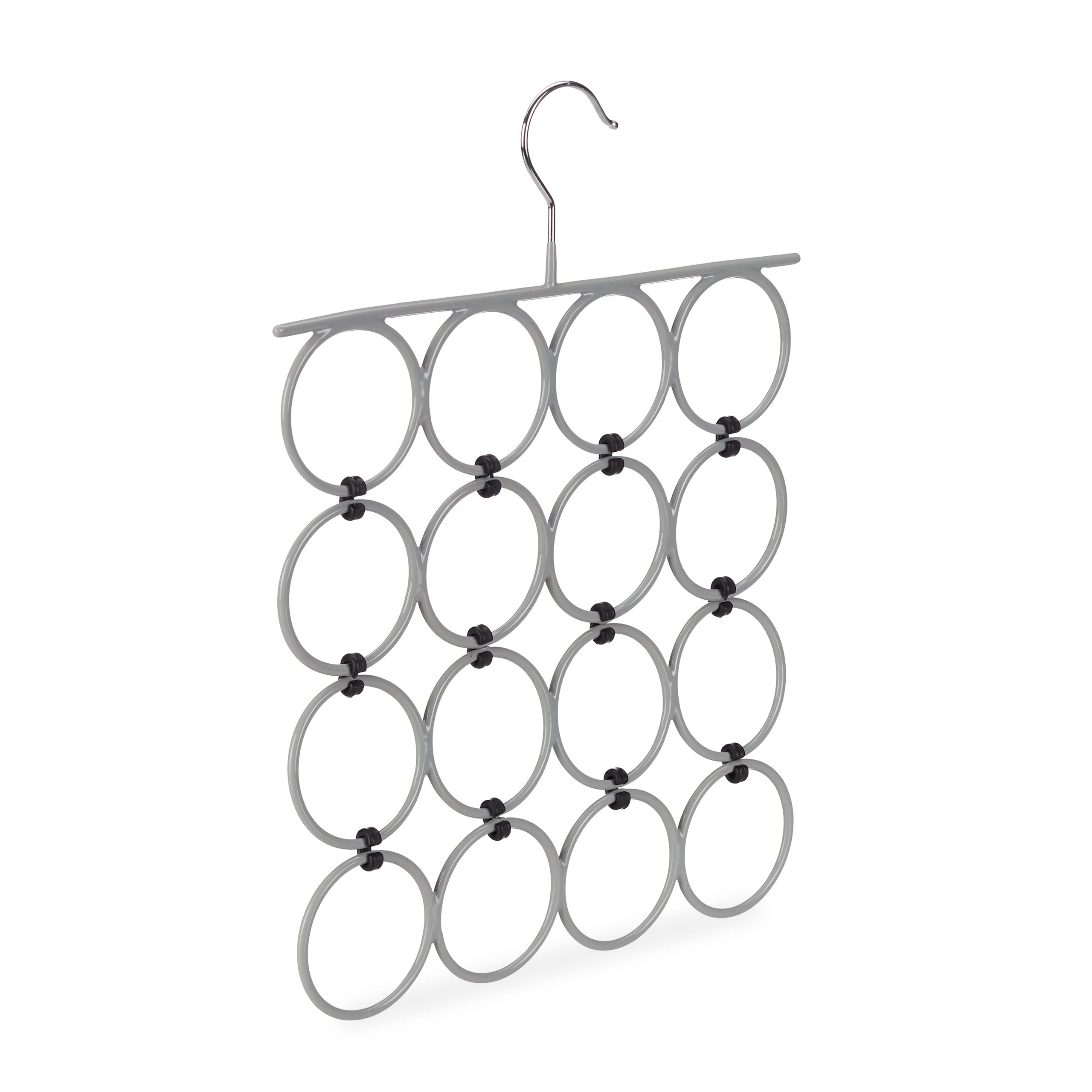 Relaxdays Scarf Hanger, Grey, 16 Rings, Compact Closet Organiser for Ties & Belts, Metal, PVC