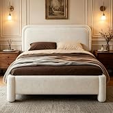 DUMOS Teddy Boucle Bed Frame Queen Size with Adjustable Headboard, Cloud Upholstered Platform Bed, Soft Rounded Corners, No Box Spring Needed, Sturdy Noise-Free Support, Easy Assembly, White