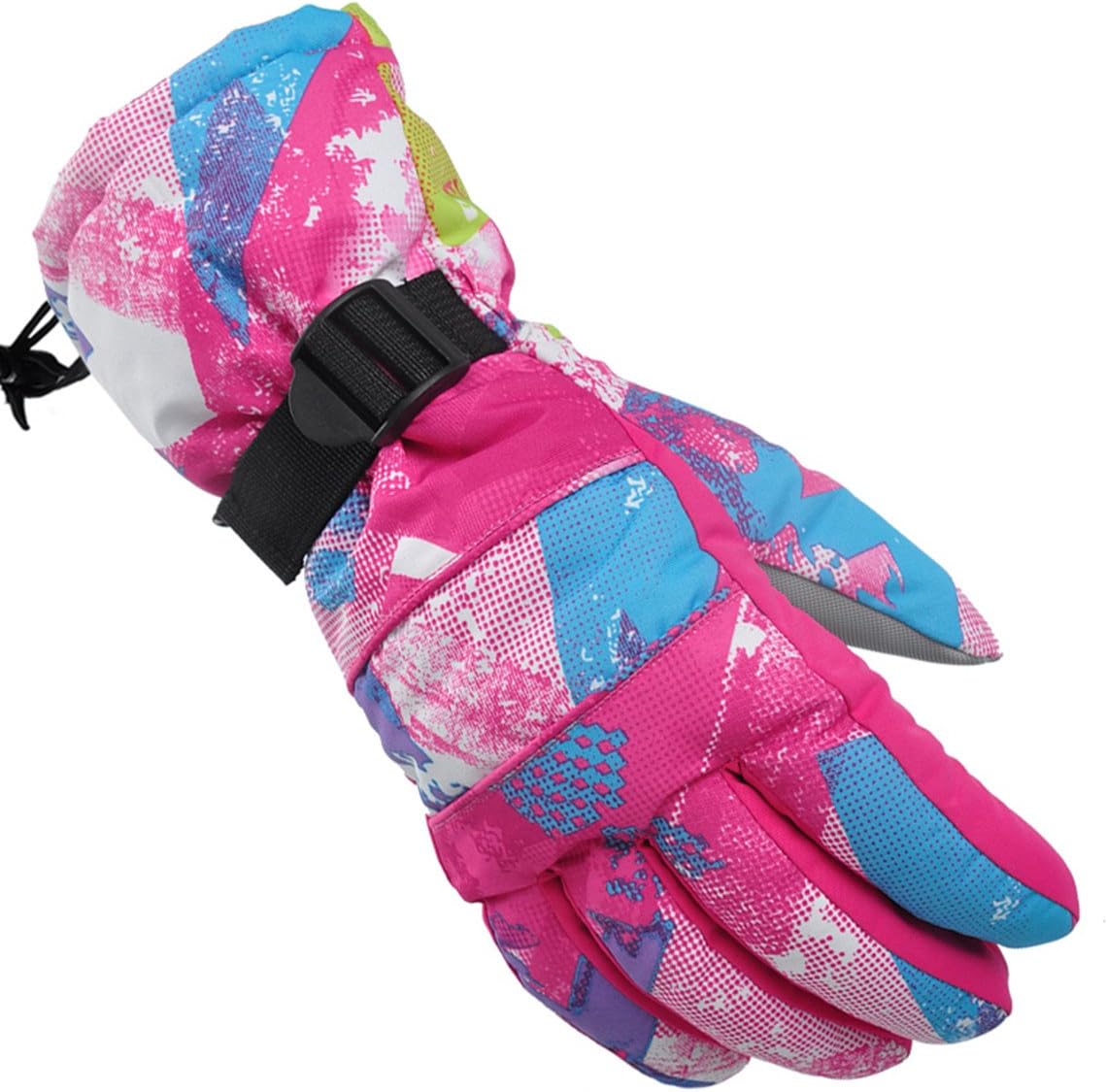 Ski Gloves, NMKJ Snowboard Cycling Snowmobile Biking Athletic Gloves, Waterproof Windproof Snow Proof Warm Breathable Fashion Comfortable Flexible Gloves for Women(Rose Red Graffiti/Small)