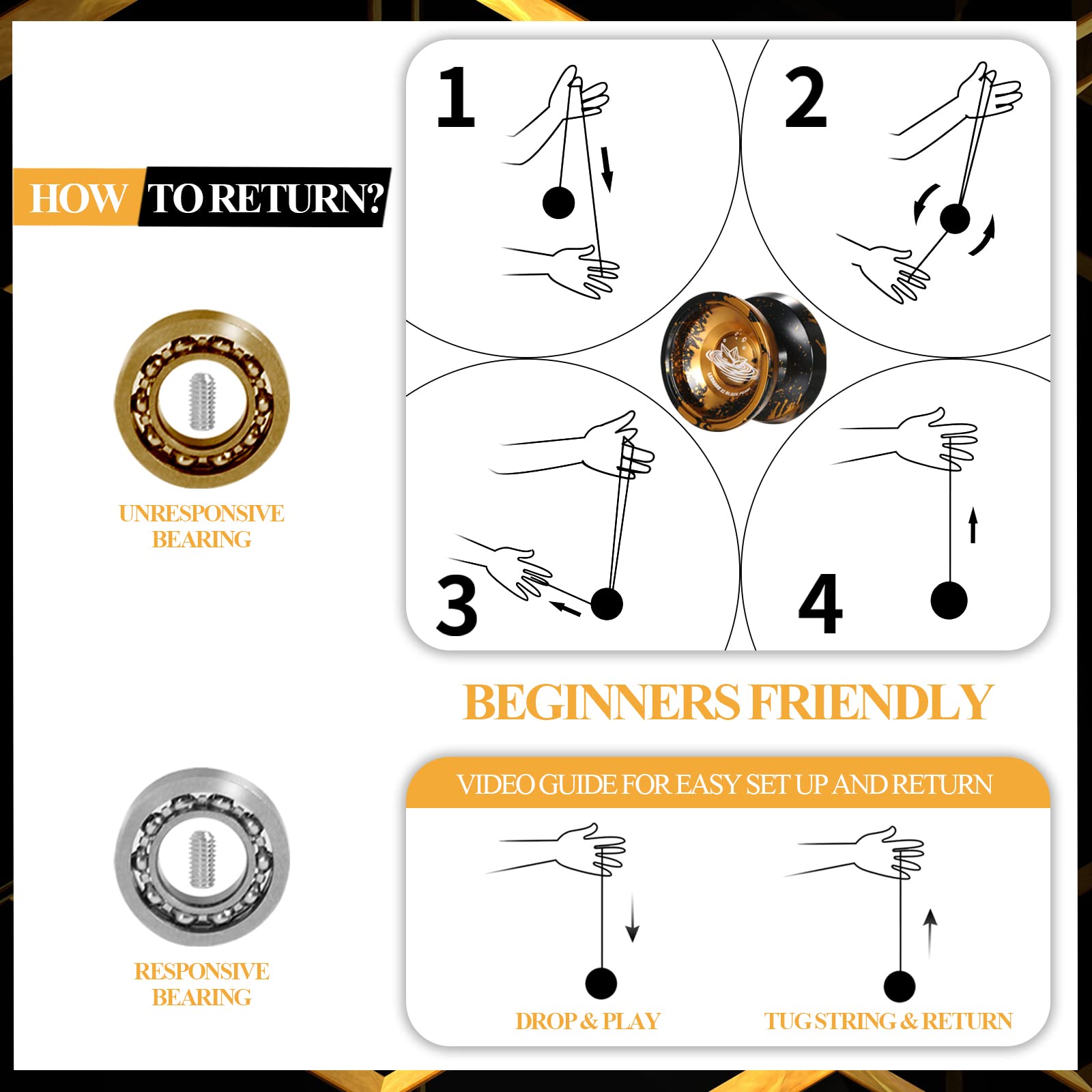 LESHARE X2 Dual-Mode Yoyo for Advanced Players & Kids Beginners - Convertible Unresponsive/Responsive Bearings, Gloves, 5 Strings-Black Gold
