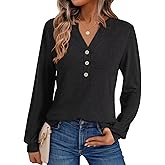 EasyGala Womens V Neck Long Sleeve Shirts Henley Dressy Casual Tops Loose Fit Trendy Tees Fall T Shirts Outfits 2025