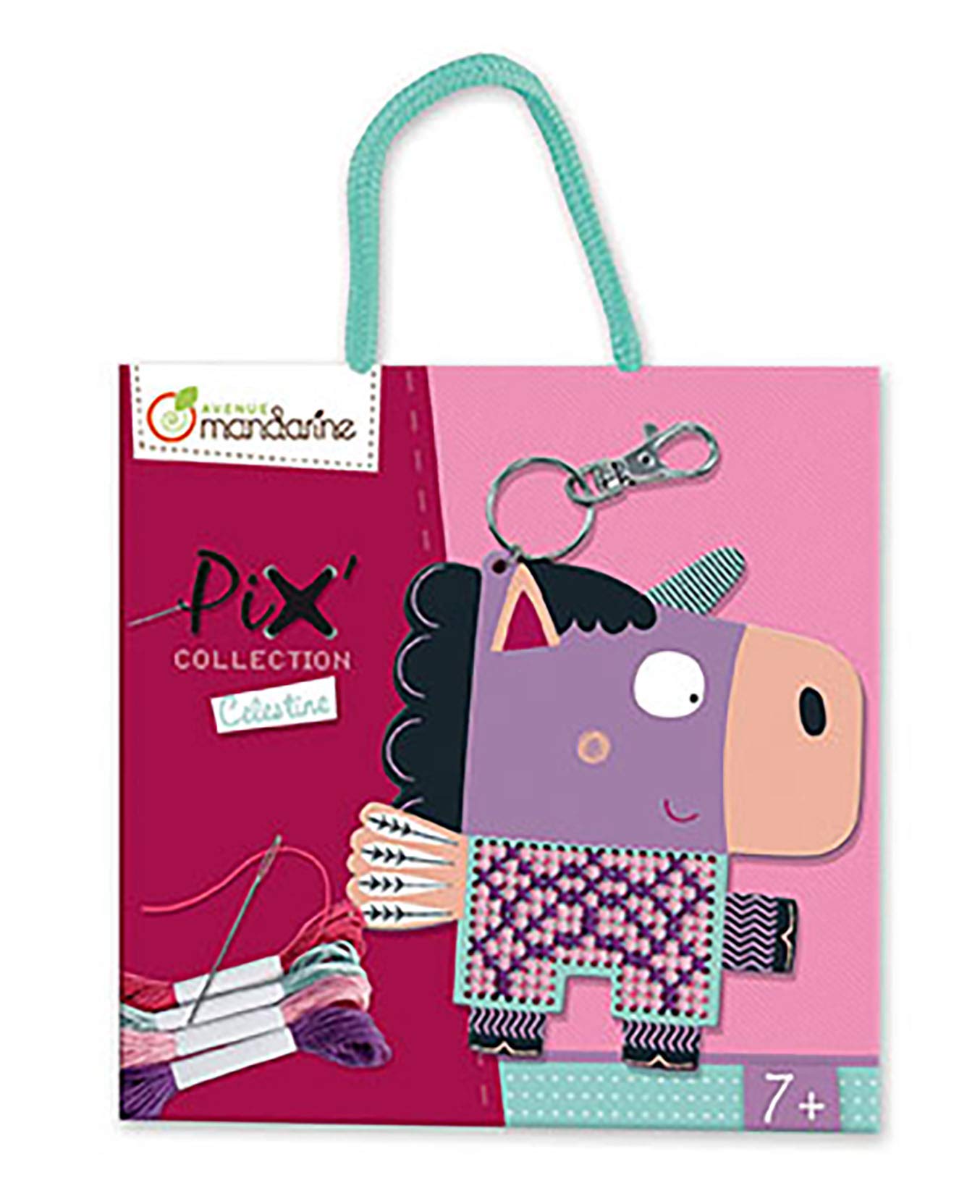 Avenue Mandarine - Ref 52660O - PIX Collection Cross-Stitch & Sewing Introduction Activity - Keychain Animals, Includes Thread, Carabiner & Felt, Full Instructions - Celestine the Unicorn