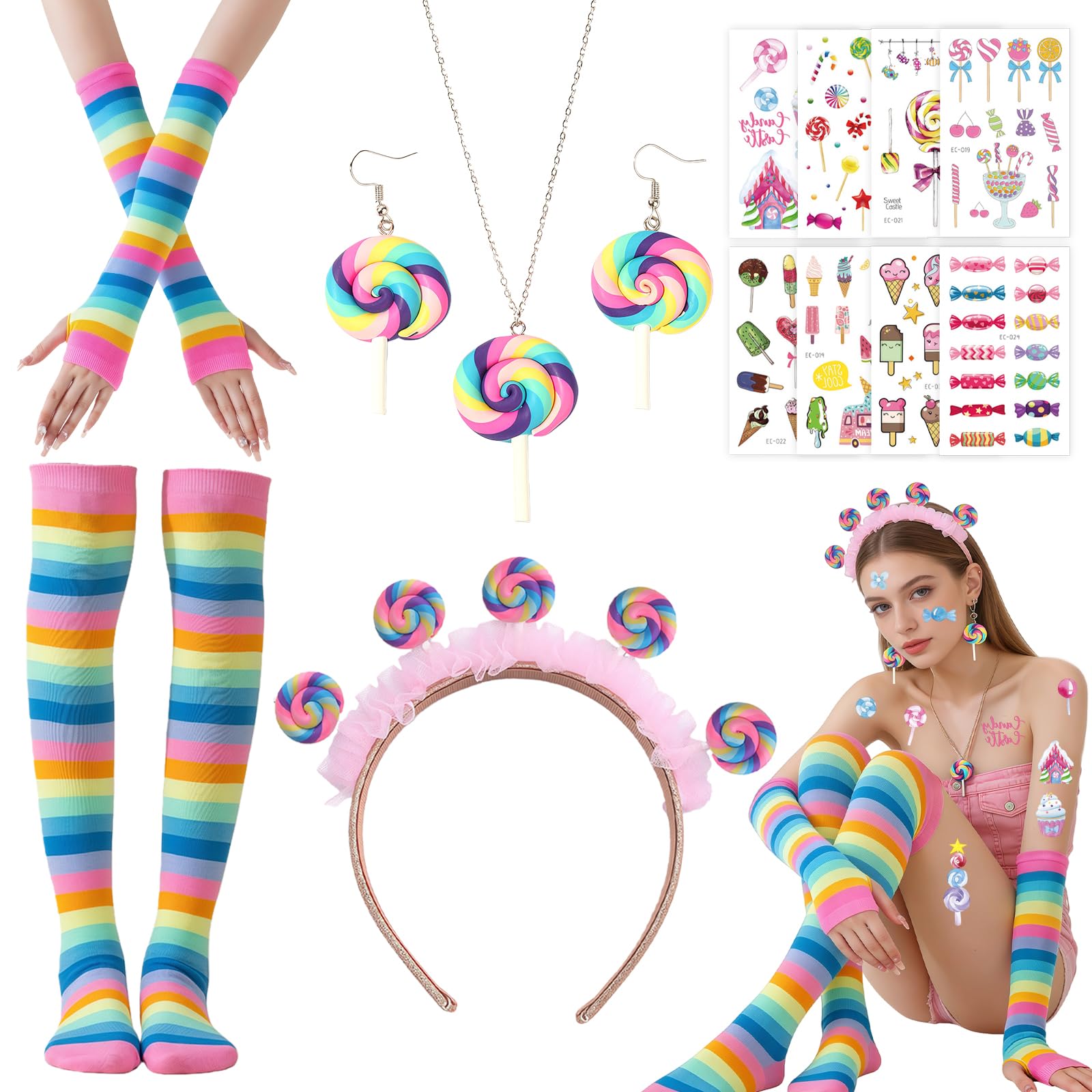 AYNKH 14-Piece Lollipop Costume Set for Women, Featuring Lollipop Headband, Earrings, Necklace, Arm Warmers, Socks and Candy Stickers. Suitable for Carnival Costumes, Accessories and Theme Parties