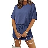 SHEWIN 2 Piece Sets for Women Summer Short Sleeve Shirts High Waisted Shorts with Pockets Lounge Matching Set