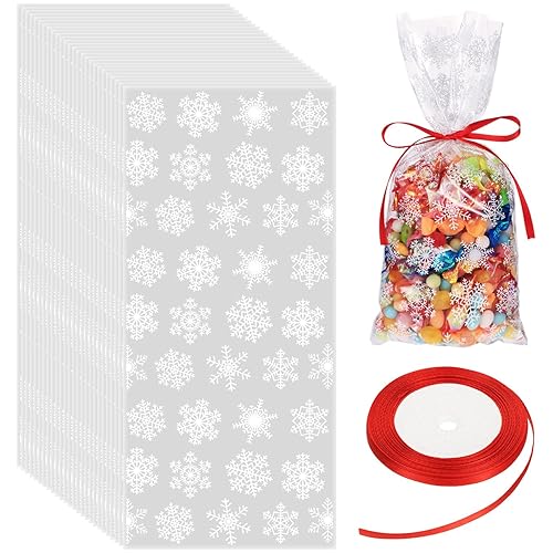 Boao 100 Pcs Christmas Cellophane Bags Holiday Snowflake Treat
