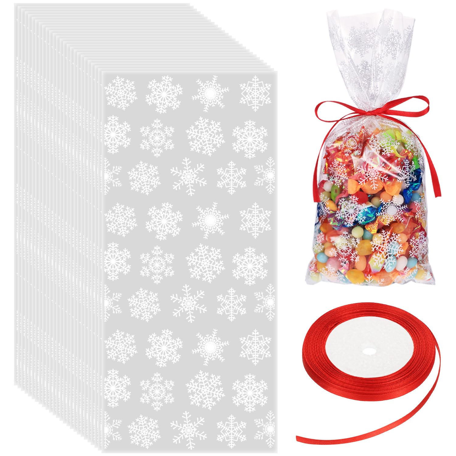 100 Pieces Christmas Bags Christmas Cellophane Treat Bags Snowflake Cookie Cellophane Bags With Ribbon for Christmas Party Supplies (White Bag with Red Ribbon)