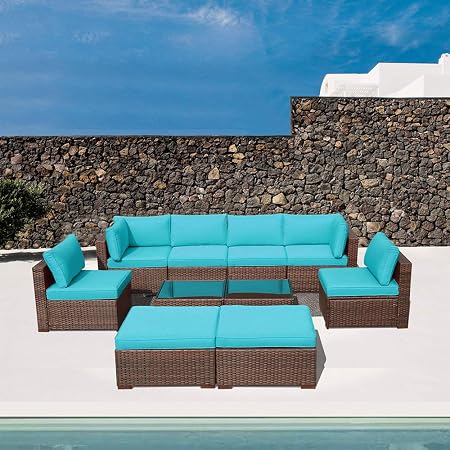Amazon Com Oc Orange Casual 10 Piece Outdoor Furniture Sectional Sofa Set Rattan Wicker Patio Conversation Set With Seat And Back Cushions Coffee Table Brown Turquoise Garden Outdoor