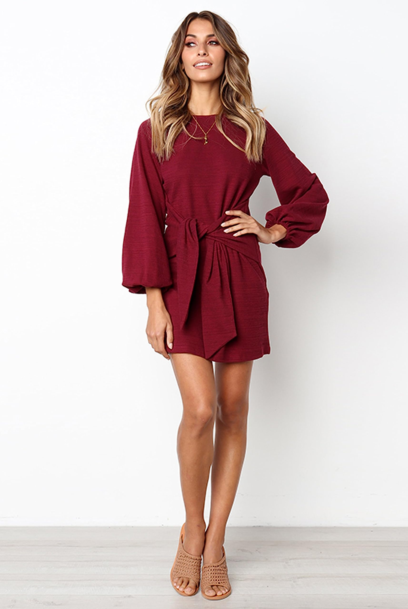 PRETTYGARDEN Womens Fall Elegant Long Lantern Sleeve Short Dress Wedding Guest Crewneck Tie Waist Knit Cocktail Dresses