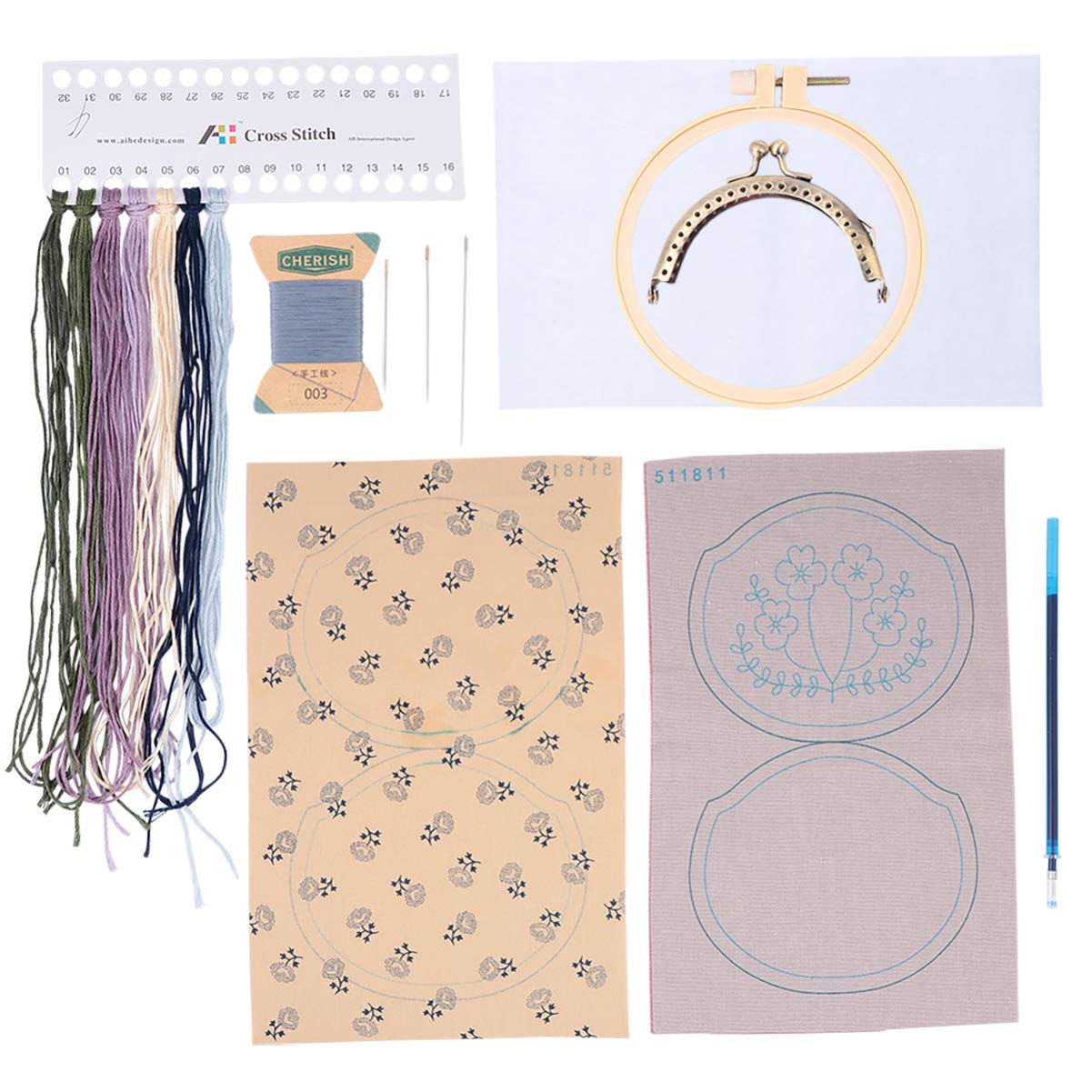 Coin Purse Embroidery Pouch Making Kit Flower Pattern Lock 12.5cm Embroidery Hoop Tool DIY Bag Material Supplies for Kids Starter Beginners