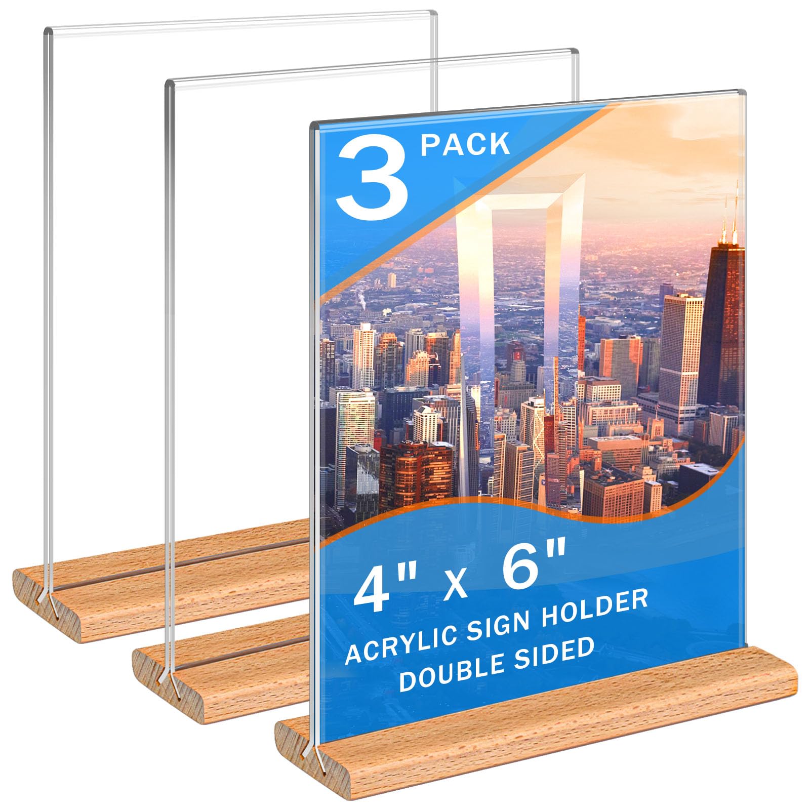 Photo 1 of Kersally Acrylic Sign Holder 4 x 6, 3 Pack Double-Sided Clear Table Display Stands with Wood Base,Vertical Acrylic Frame Menu Flyer Paper Holder for Stores, Restaurants, Hotels, Office, Show Fair