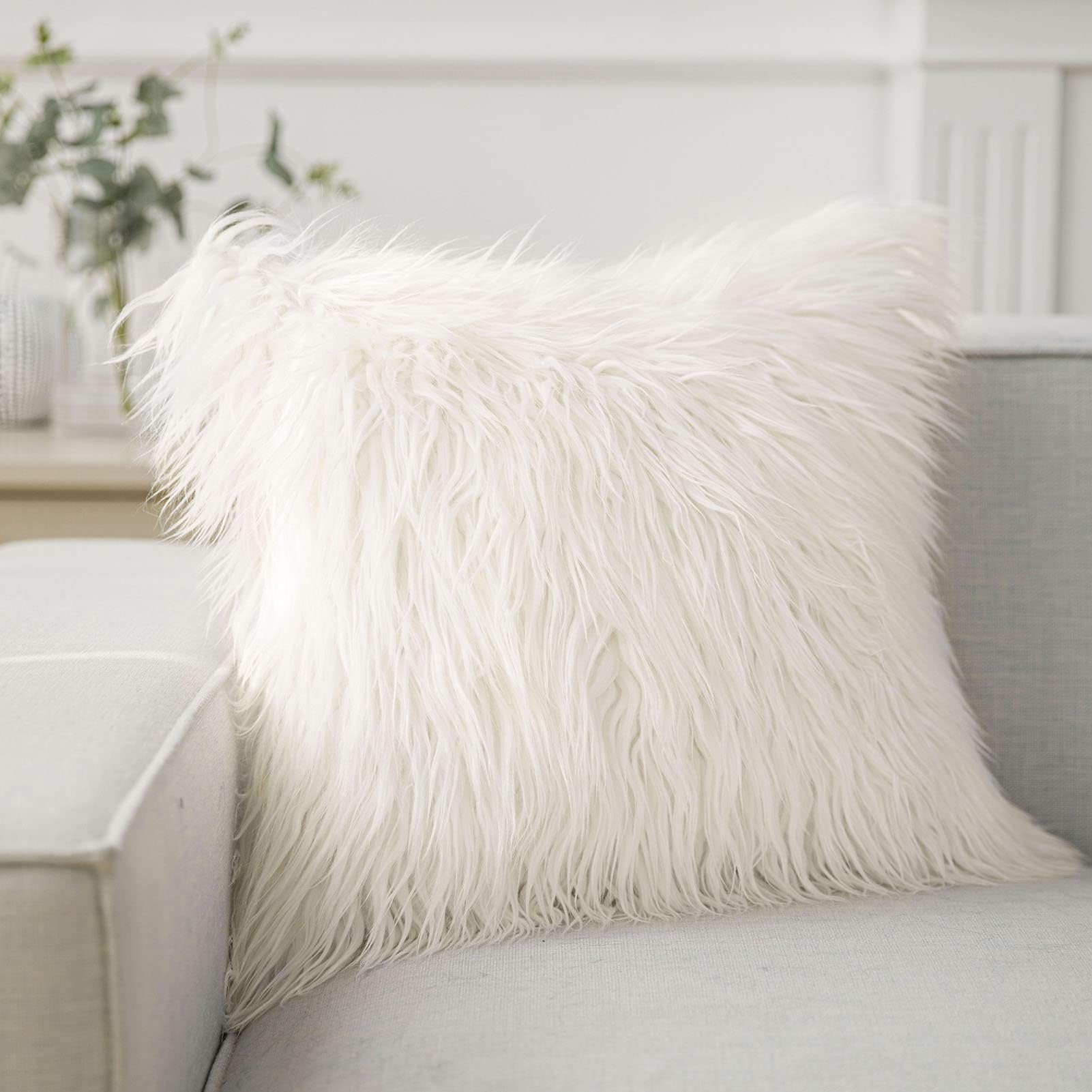 Photo 1 of Phantoscope Faux Fur Pillow Cover Decorative Fluffy Throw Pillow Soft Fuzzy Pillow Case Cushion Cover for Bedroom/Couch, Off-White 18 x 18 Inches