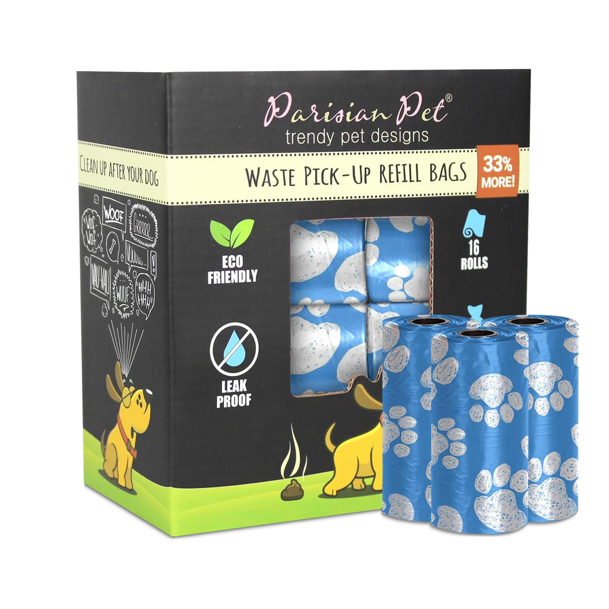 Parisian Pet Dog Poop Bags for Dogs – Refills Rolls of Doggie Bags for Poop – Unscented Dog Poop Bag – Eco-Friendly Pickup Pet Waste Bags, 16 Rolls, Blue Paws