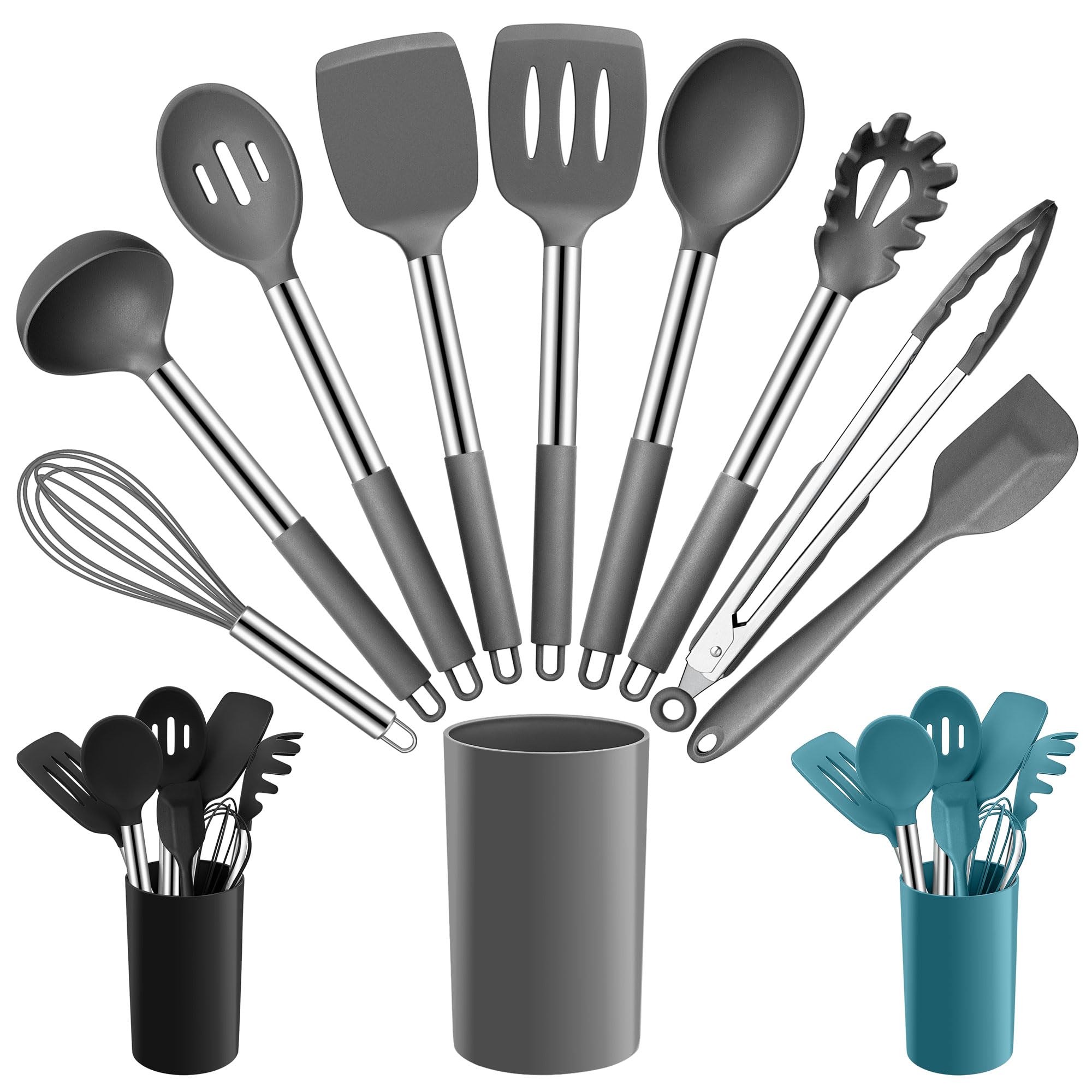 Joyfair Kitchen Utensils Set, 10 Pcs Silicone Cooking Utensils Set with Stainless Steel Handle, Heat Resistant Cooking Tools Spatula Turner Spoon with Holder, Dishwasher Safe & Non Scratch, Grey