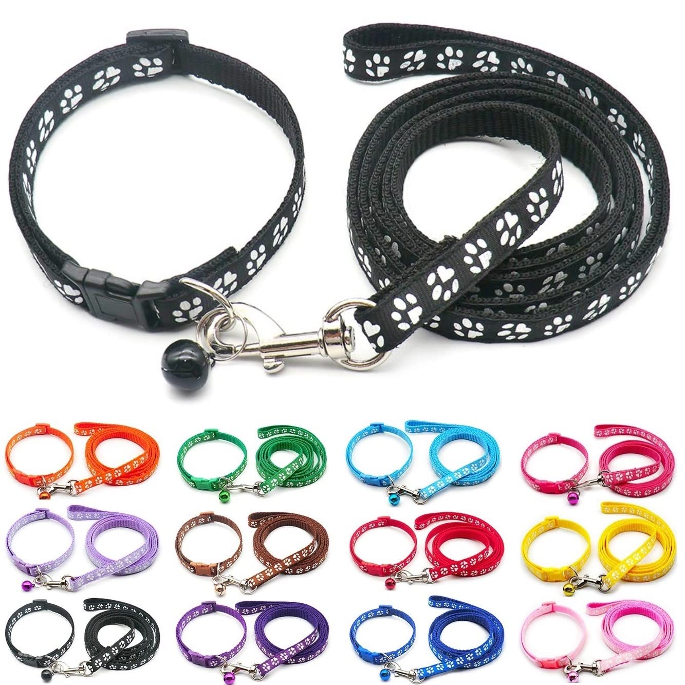 Small Dog Puppy Pet Collar and Lead Set Pawprint Design Nylon Adjustable Size 19-32cm Collar with Bell and 120cm Leash Black