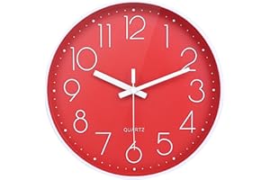Yoiolclc Wall Clock Battery Operated Non-Ticking Modern Analog Wall Clocks for Kitchen, Bedroom Decor (10 Inch, Red)