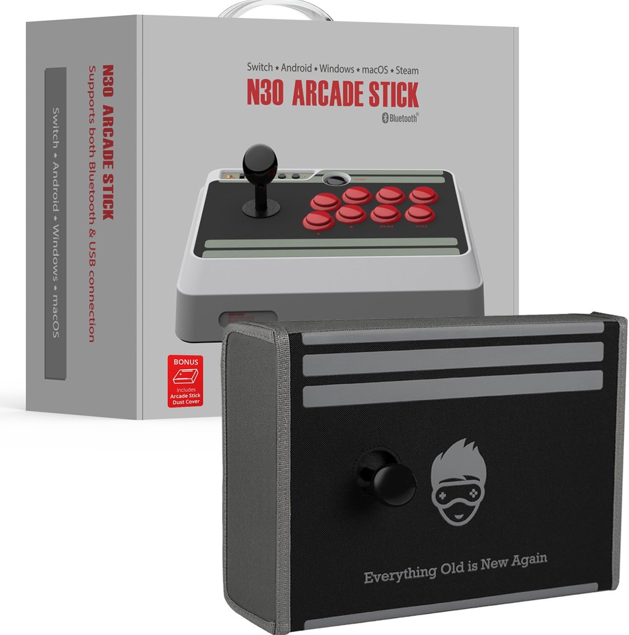 8Bitdo N30 Arcade Stick with BONUS Geek Theory Arcade Stick Dust Cover Case - Wireless Bluetooth - For Switch, PC, Mac, Android, Retropie