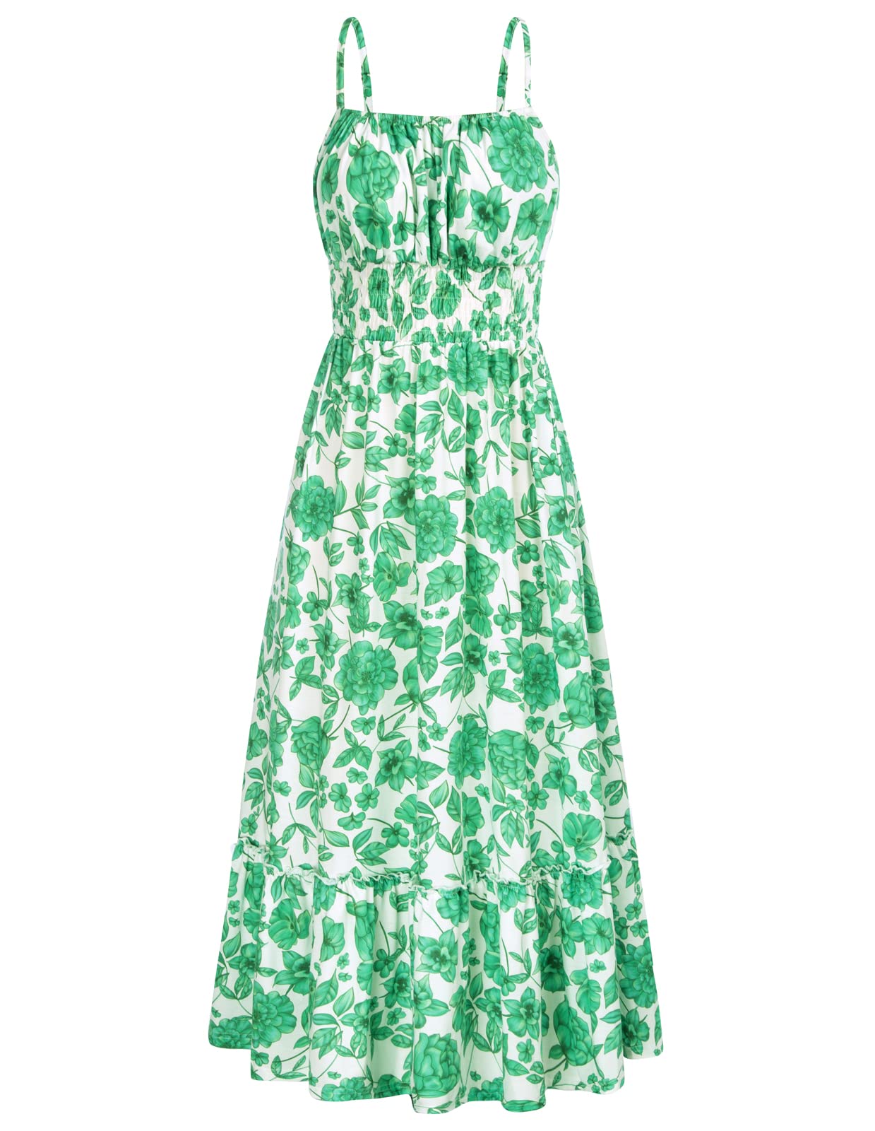 GRACE KARIN Summer Dresses for Women 2026 Vacation,Smocked Floral Maxi Dresses,Boho Beach Long Sundress Green Floral S