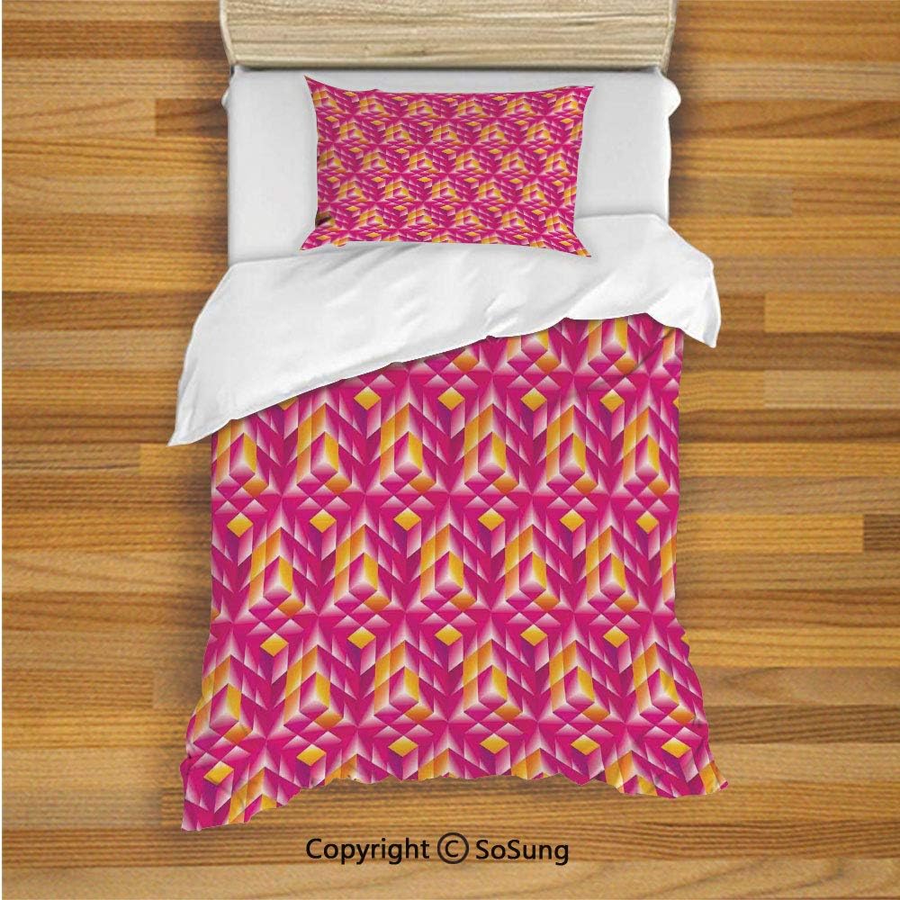 Abstract Home Decor Kids Duvet Cover Set Twin Size, Geometry Artwork Stylish Patterns Shapes Vibrant Colors Creativity Futuristic 2 Piece Bedding Set with 1 Pillow Sham,