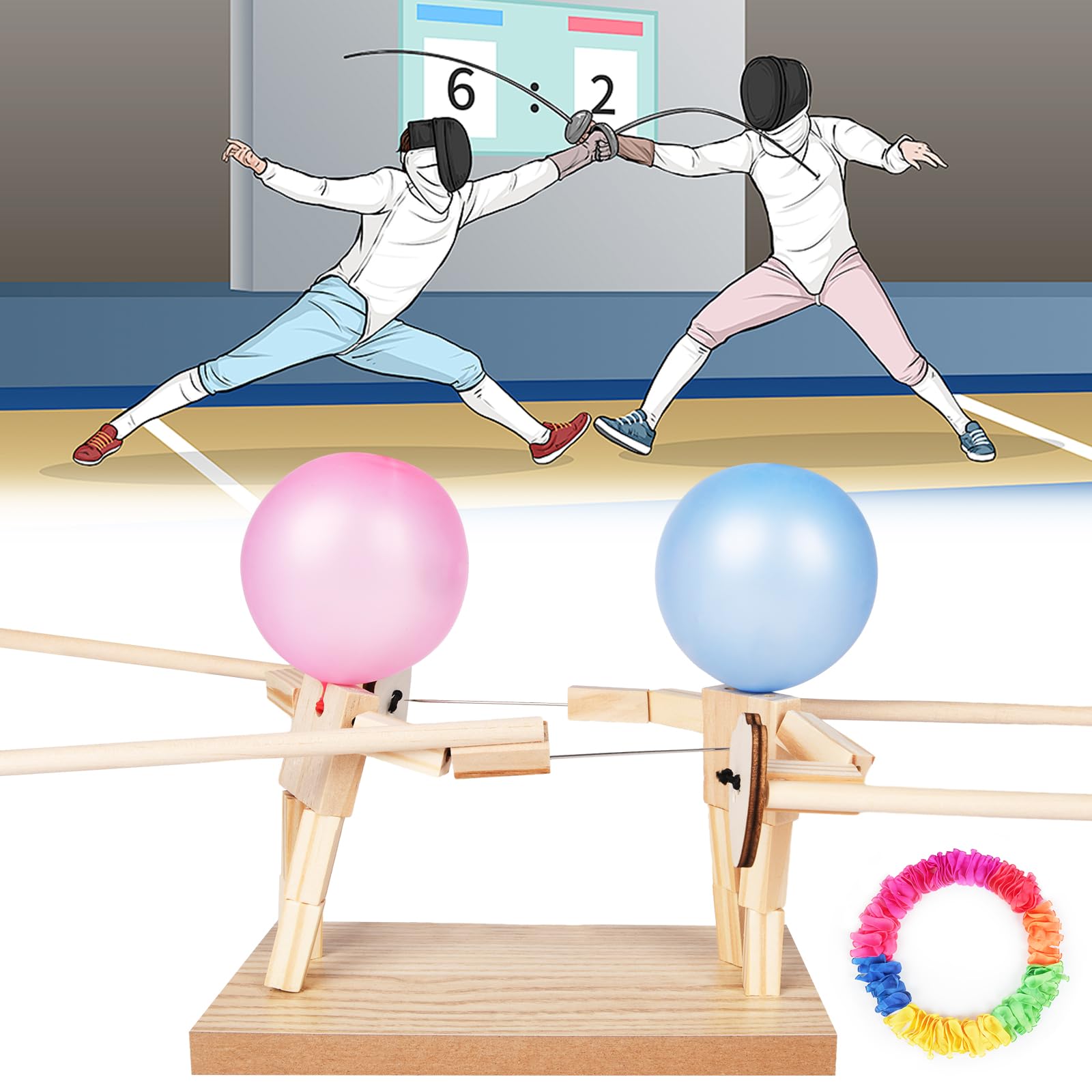 AYESY Wooden Balloon Brawlers Fencing Game, Balloon Bamboo Man Fencing Puppets Game with 200 Balloons, Balloon Bamboo Man Battle Game for 2 Players Adults Kids