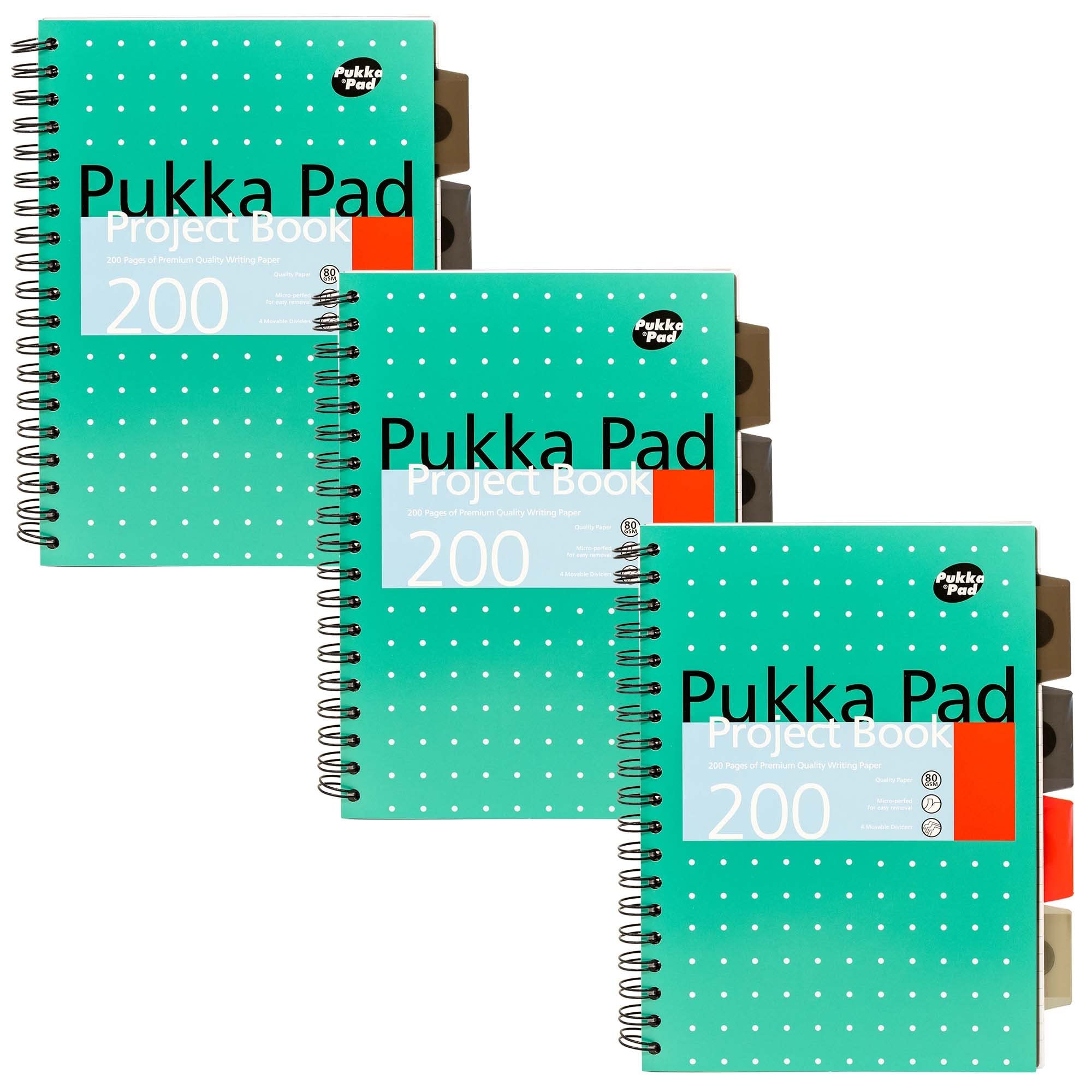Pukka Pad, 5-Subject B5 Project Book 3-Pack with Repositionable Dividers - 200 Pages of 80GSM Paper with 8mm Lines and Perforated Edges - Metallic Green – 25 x 19cm