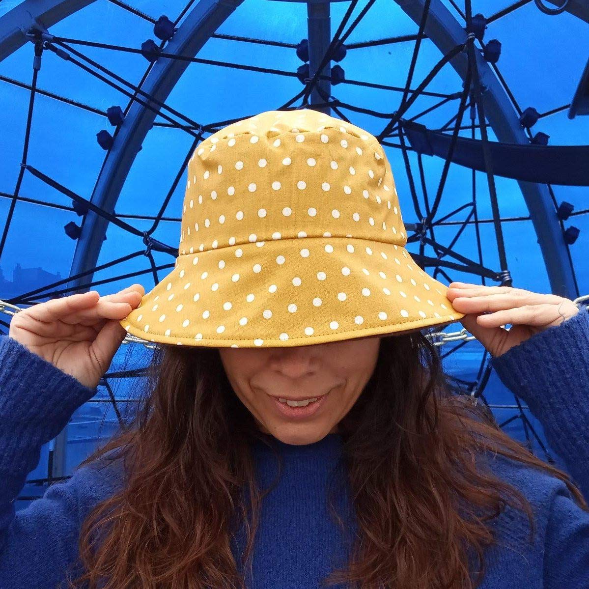 Waterproof hat Mustard polka dots Rain hat handmade with waterproof