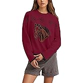 AIHUKOCY Women Horse Graphic Crew Neck Sweater Animal Graphic Long Sleeve Knit Pullover Casual Color Block Fall Outfit