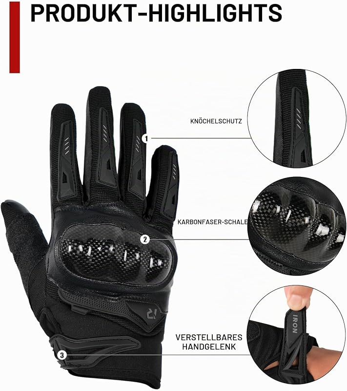 Motorradhandschuhe Herren Sommer Hartschale Kohlefaser atmungsaktiv Touchscreen weich für Motorradfahren Bergsteigen Wandern Schwarz-L