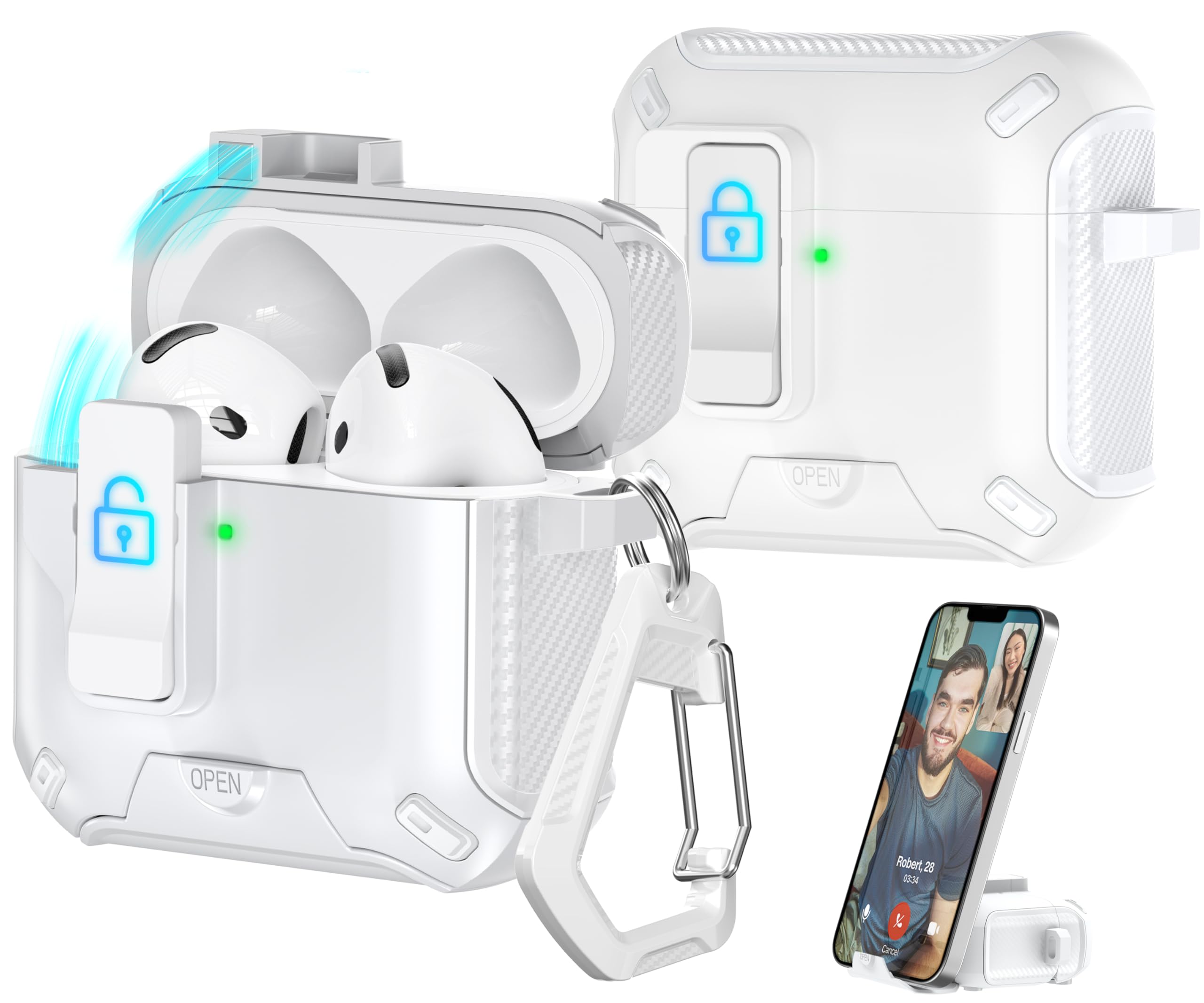 Photo 1 of R-fun Compatible with AirPods 4th Generation 2024 Headphone Cases, Fully Drop Proof Auto Eject Protective Cover Design, New Charging Port Dust and Stand Design?White