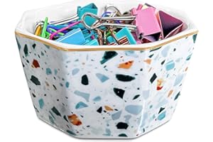 HOMSUN Paper Clip Holder Ceramic Paper Clip Holders Geometric Paperclips Holders Dispenser Cute Terrazzo Marble Organizer for Desk Binder Clip Holder Bobby Pin Hair Clip Holder Gift for Office Blue