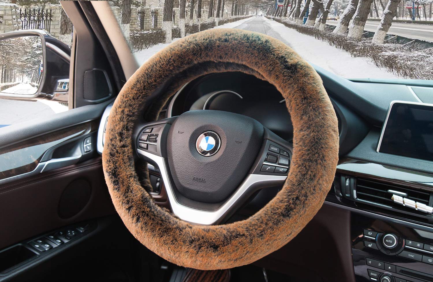 Steering Wheel Cover Winter Warm Faux Wool with Non Slip Rubber Inner Ring Universal 15 Inch for Auto Car SUV (Long Plush, Brown)