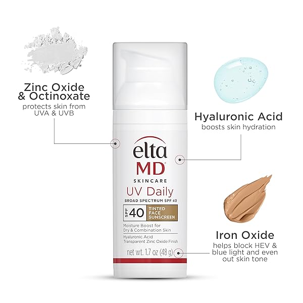ELTAMD UV DAILY TINTED SPF 40 FACE SUNSCREEN MOISTURIZER WITH ZINC OXIDE, TINTED DAILY FACE MOISTURIZER WITH SPF, SUNSCREEN FOR DRY SKIN,1.7 OZ PUMP