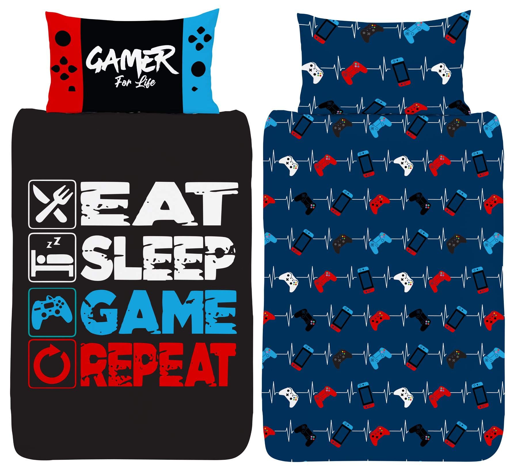 Gamer Single Duvet Cover - Eat Sleep Game Repeat Gaming Controller Design - Reversible Bedding Set - Polycotton