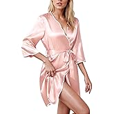 Ekouaer Women Silk Robes Short Satin Bathrobe 3/4 Sleeve Kimono Bride Robe Valentines Silky Sleepwear with Pockets S-XXL